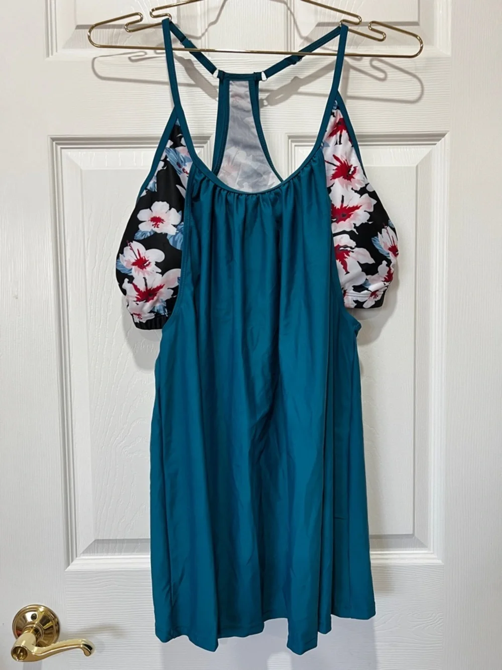 Swimsuit Tankini Top Teal Floral Built-In Bra Racer-Back Style Size XXL